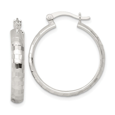 Sterling Silver Hoop Earrings, Diamond Cut Textured Medium Round Hoops with Hinged Closure