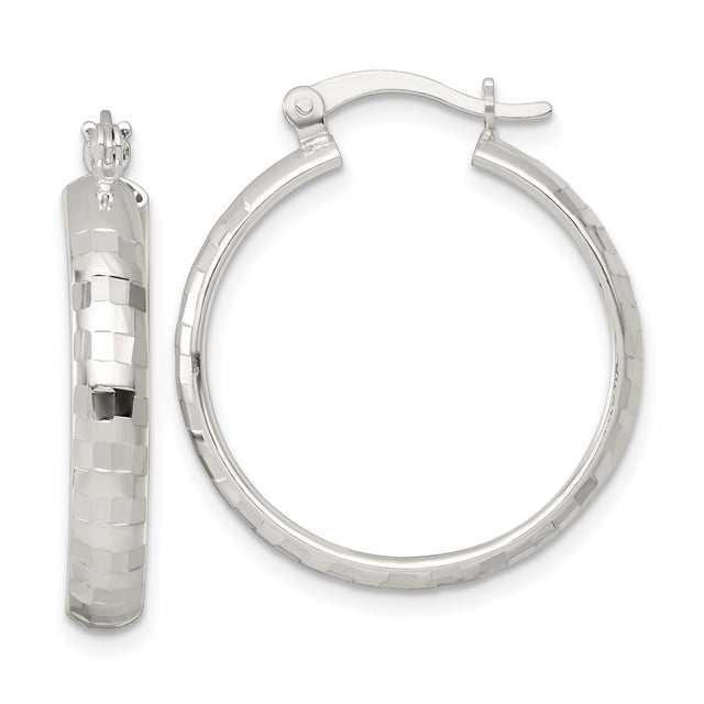 Sterling Silver Hoop Earrings, Diamond Cut Textured Medium Round Hoops with Hinged Closure