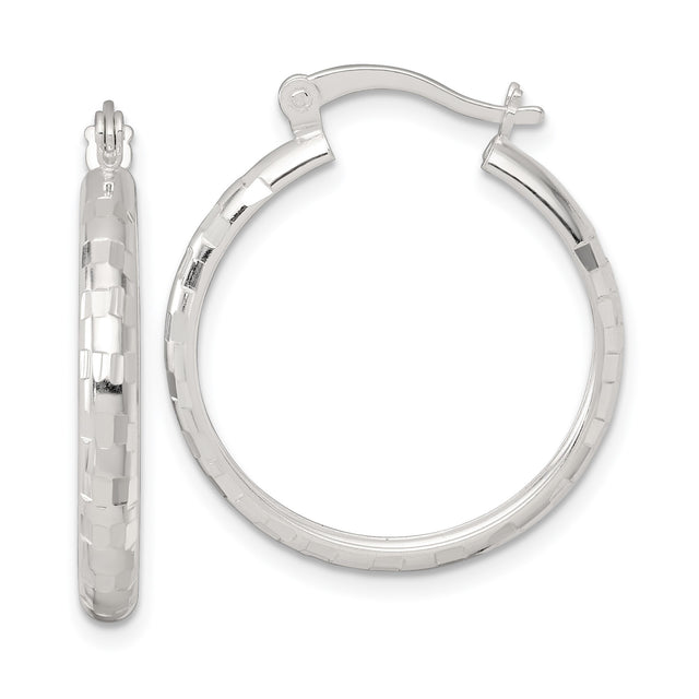 Sterling Silver Hoop Earrings with Diamond Cut Faceted Texture, Lightweight Minimalist Design
