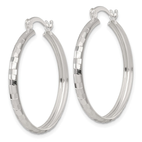 Sterling Silver Hoop Earrings, Textured Faceted Round Hoops with Geometric Design for Women