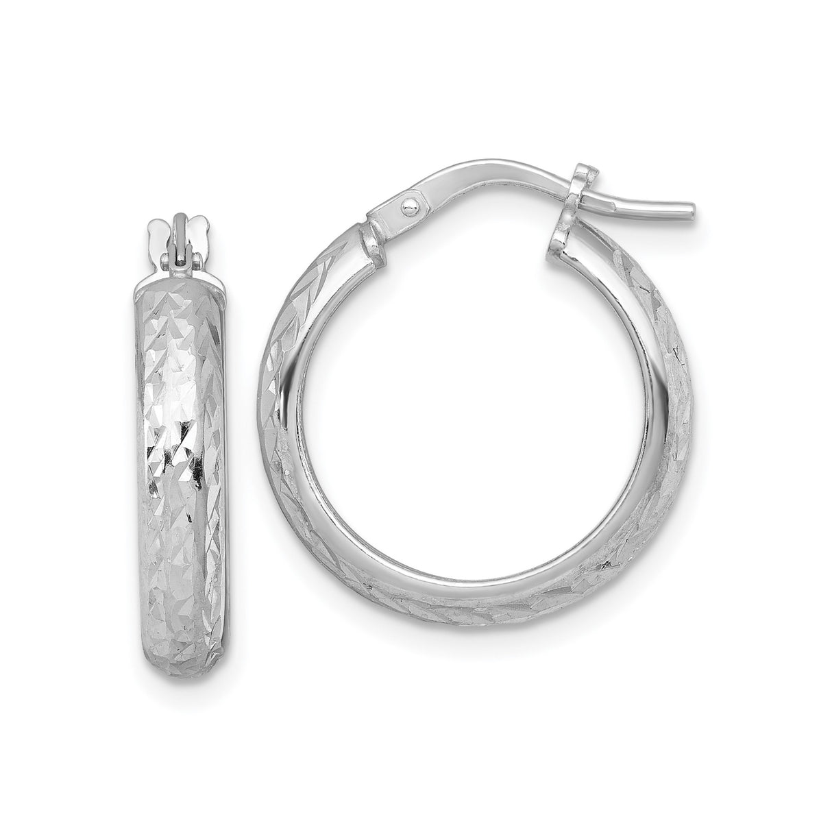 Sterling Silver Hoop Earrings, Diamond Cut 4mm x 20mm Round Tube, Textured High Polish Finish