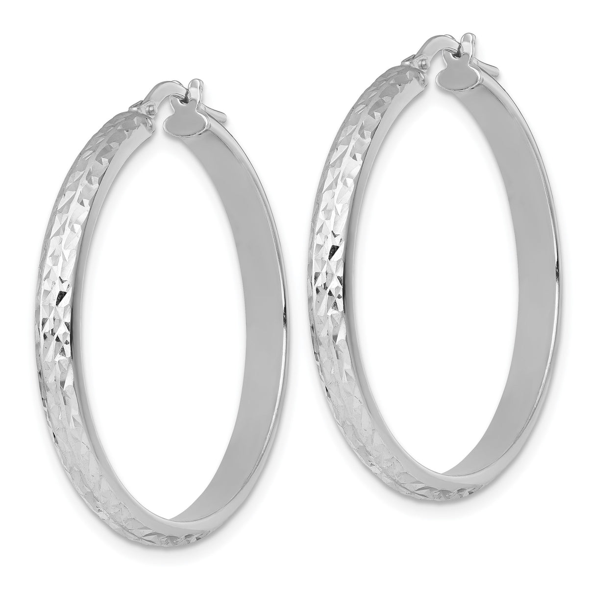 Sterling Silver Hoop Earrings, Diamond Cut Textured Finish, Rhodium Plated Thin Tube Hoops