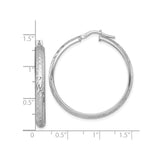 Sterling Silver Hoop Earrings, Diamond Cut Textured Finish, Rhodium Plated Thin Tube Hoops