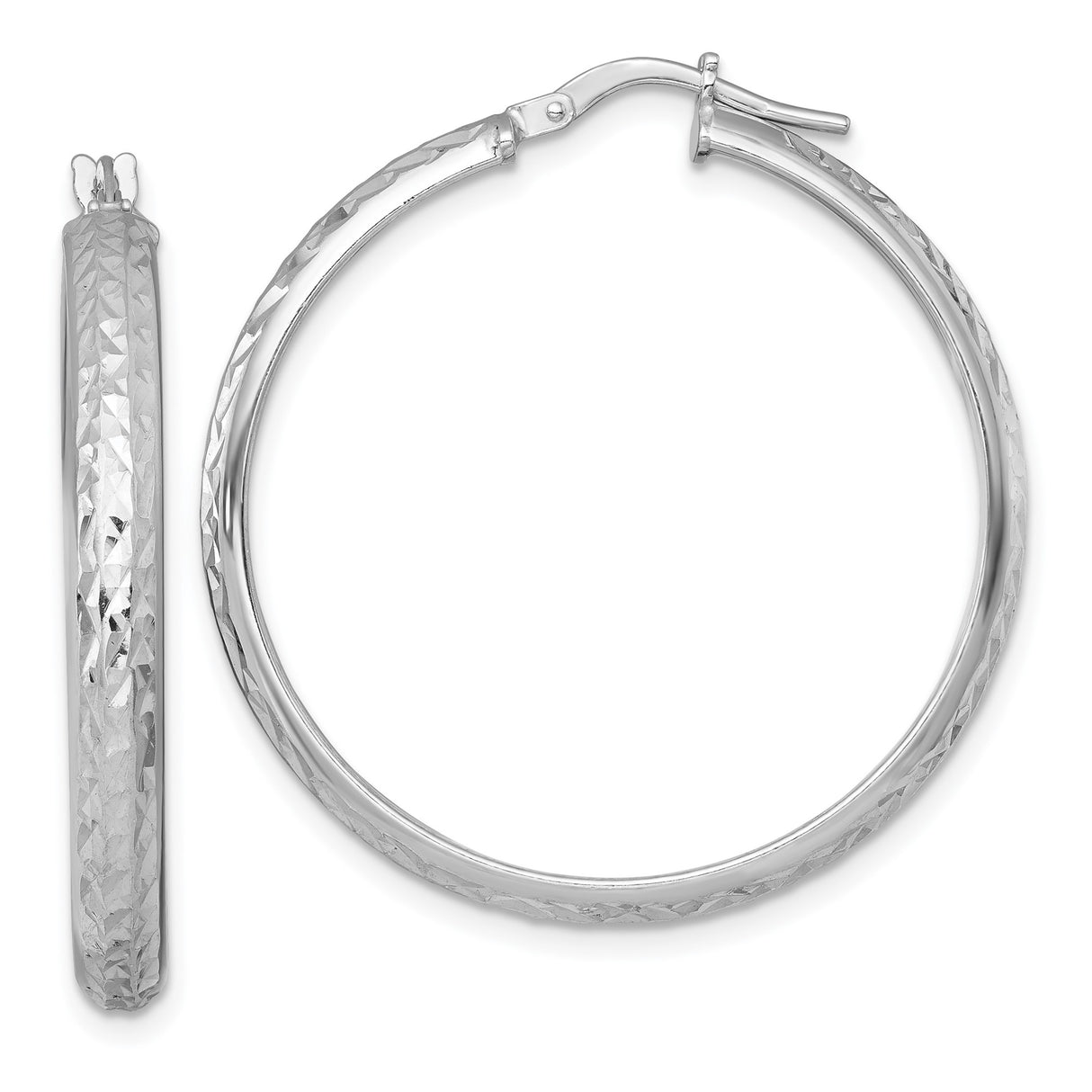 Sterling Silver Hoop Earrings, Diamond Cut Textured Finish, Rhodium Plated Thin Tube Hoops
