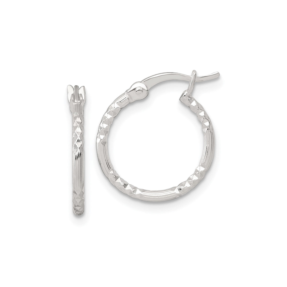 Sterling Silver Hoop Earrings, Diamond Cut Textured Round Hoops with Latch Back Closure