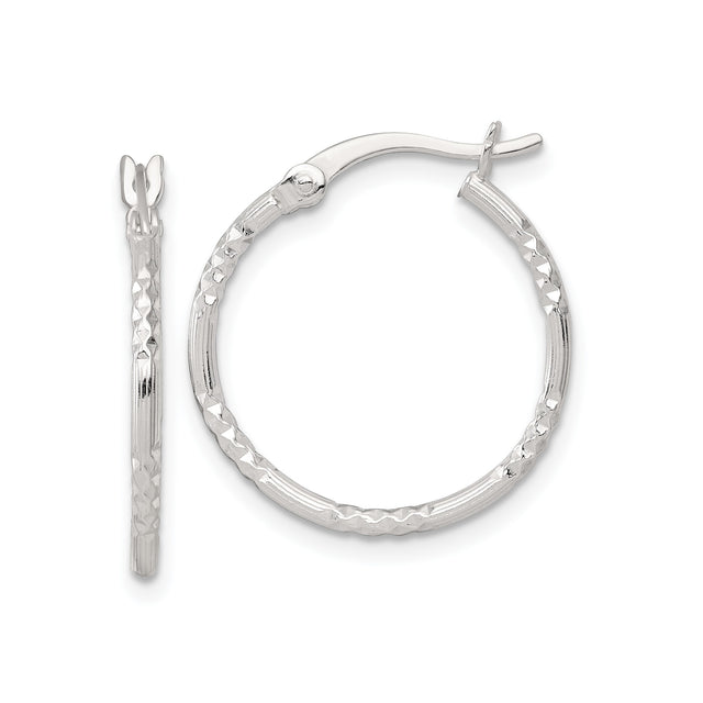 Sterling Silver Hoop Earrings, Textured Diamond Cut Design, Lightweight Minimalist Style