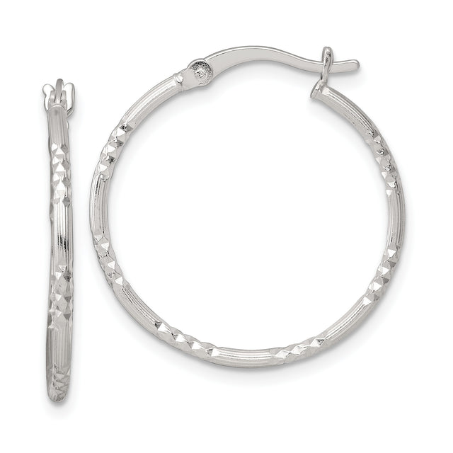 Sterling Silver Hoop Earrings with Diamond-Cut Texture and Smooth Ridged Accents for Women
