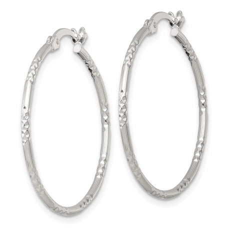 Sterling Silver Hoop Earrings with Diamond Cut Texture and Polished Finish, Medium Size