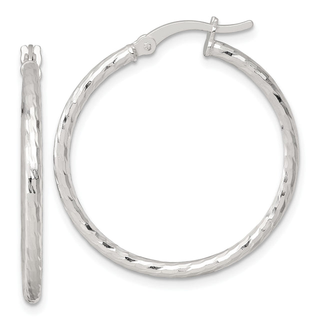 Sterling Silver Hoop Earrings with Hammered Textured Finish and Latch-Back Closure for Women