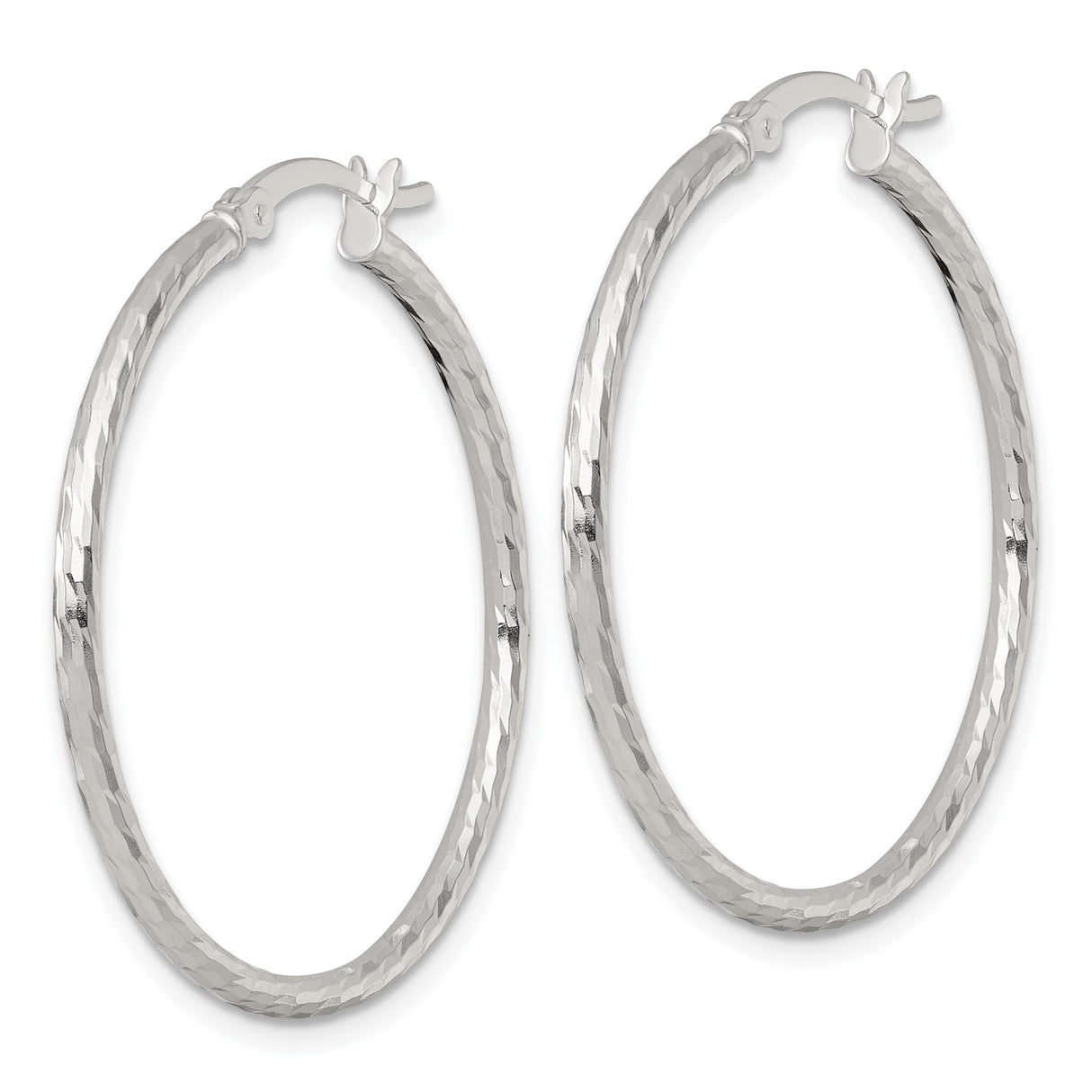 Sterling Silver Hoop Earrings, Hammered Faceted Texture, Lightweight Medium Round Design