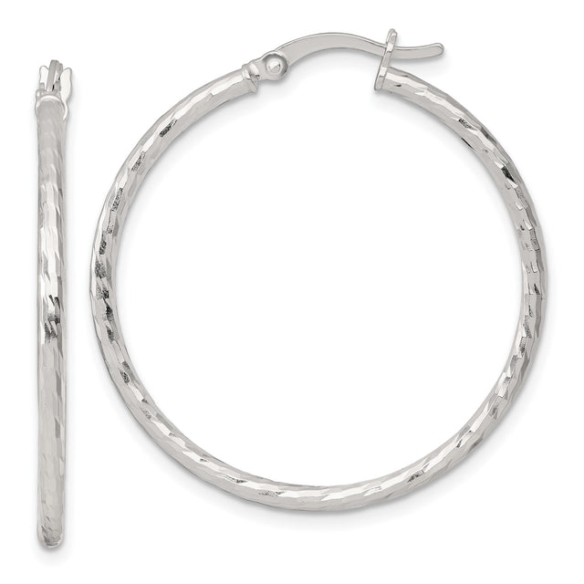 Sterling Silver Hoop Earrings, Hammered Faceted Texture, Lightweight Medium Round Design