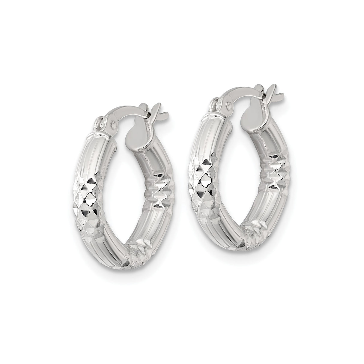 Sterling Silver Hoop Earrings, Diamond Cut Textured Design with Polished Ridged Finish