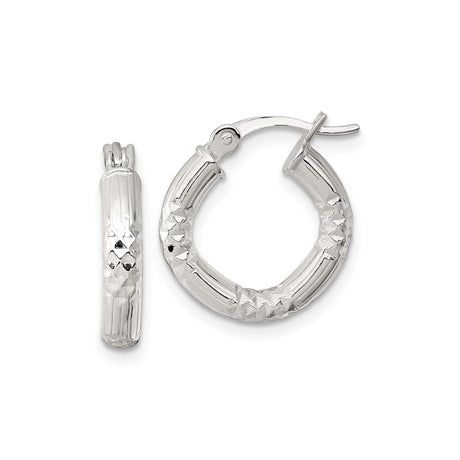 Sterling Silver Hoop Earrings, Diamond Cut Textured Design with Polished Ridged Finish
