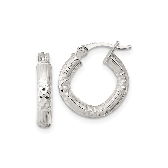 Sterling Silver Hoop Earrings, Diamond Cut Textured Design with Polished Ridged Finish