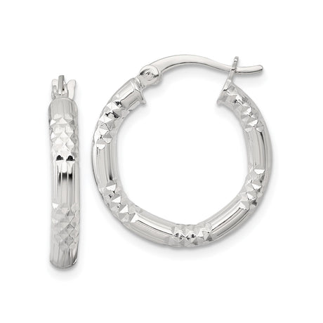 Sterling Silver Hoop Earrings, Diamond-Cut Textured Design with Faceted Finish for Women
