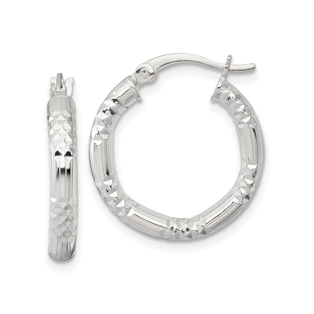 Sterling Silver Hoop Earrings, Diamond-Cut Textured Design with Faceted Finish for Women