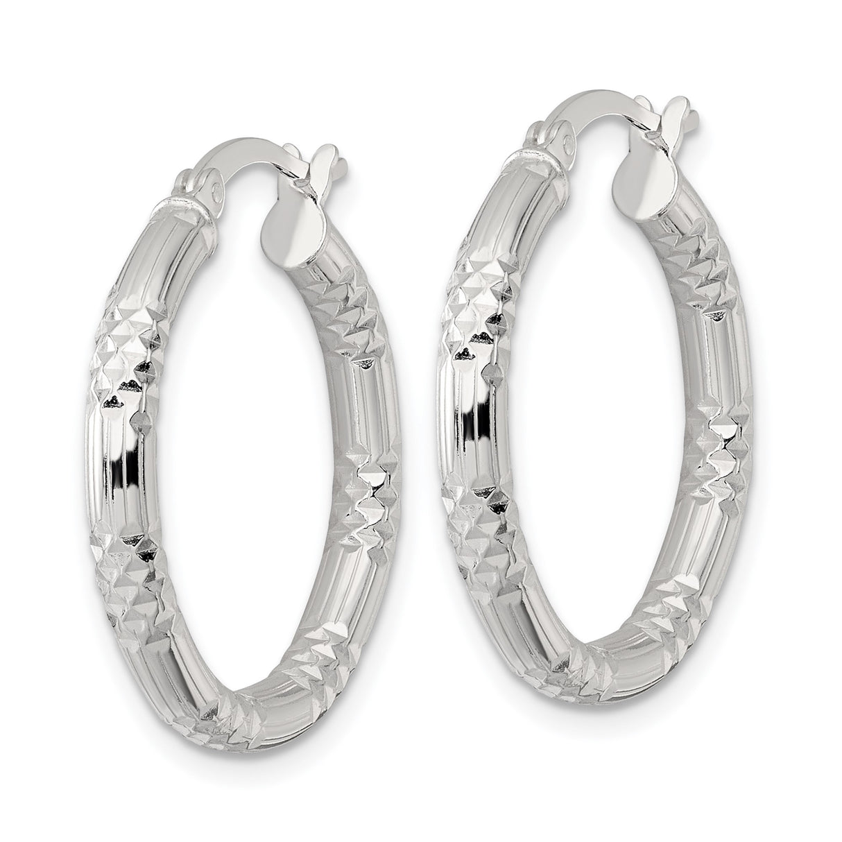 Sterling Silver Hoop Earrings, Diamond Cut Textured Design with Grooved Finish