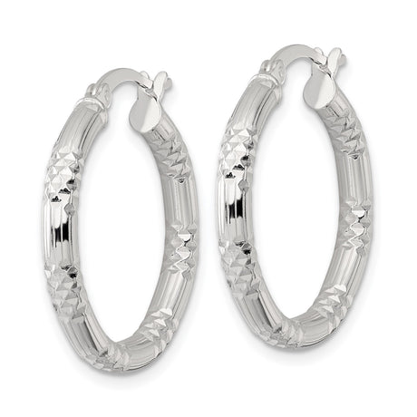 Sterling Silver Hoop Earrings, Diamond Cut Textured Design with Grooved Finish