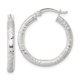 Sterling Silver Hoop Earrings, Diamond Cut Textured Design with Grooved Finish