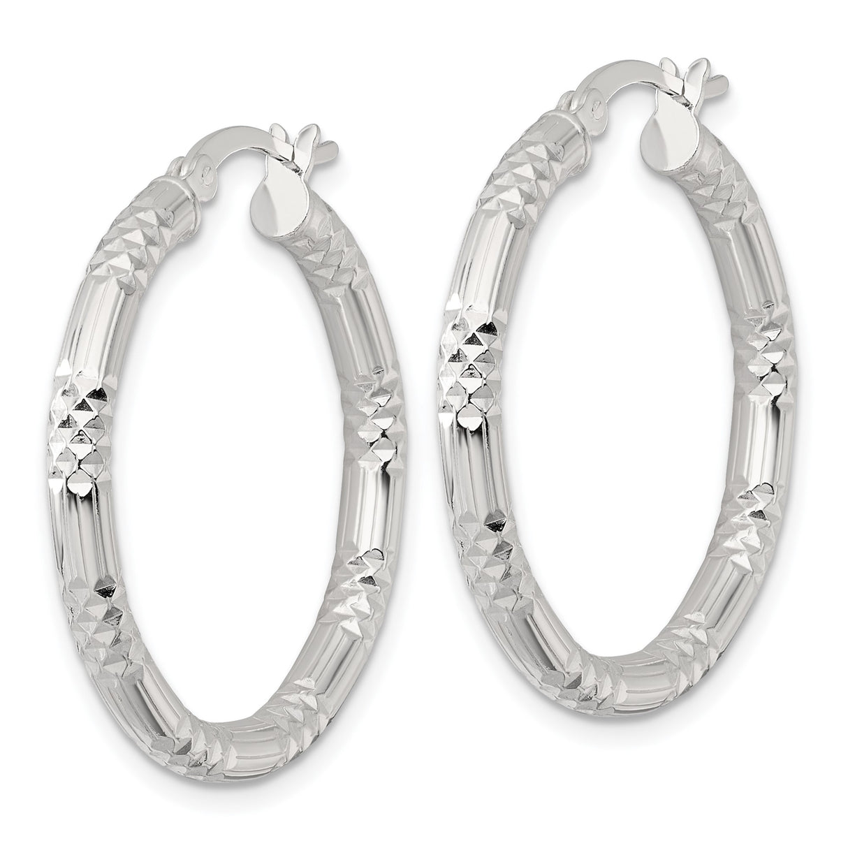 Sterling Silver Faceted Hoop Earrings, Diamond-Cut Textured Round Design for Women