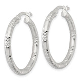 Sterling Silver Faceted Hoop Earrings, Diamond-Cut Textured Round Design for Women