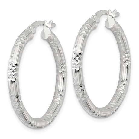 Sterling Silver Faceted Hoop Earrings, Diamond-Cut Textured Round Design for Women