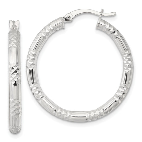 Sterling Silver Faceted Hoop Earrings, Diamond-Cut Textured Round Design for Women