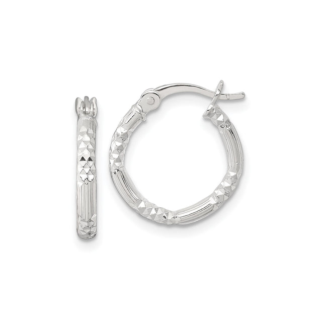 Sterling Silver Hoop Earrings with Diamond-Cut Textured Bamboo Design
