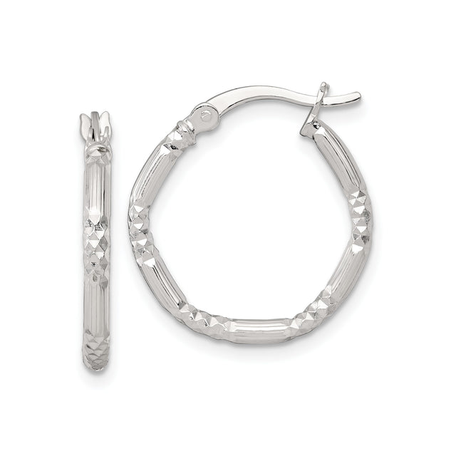 Sterling Silver Hoop Earrings with Textured Diamond Cut Finish, Lightweight Round Design for Women