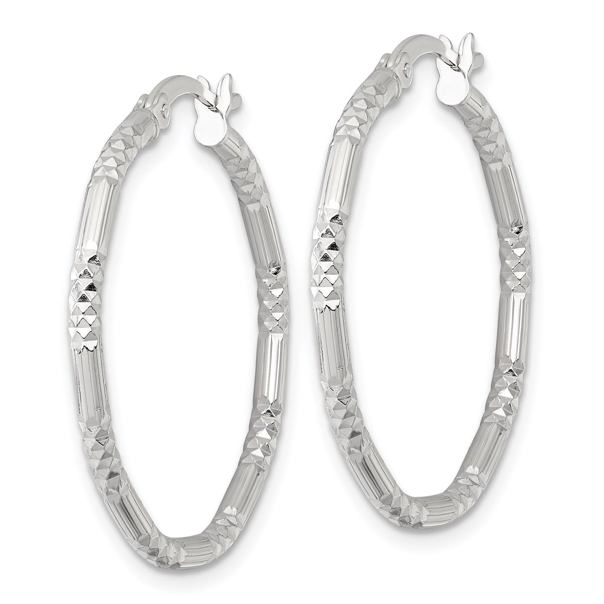 Sterling Silver Hoop Earrings, Medium Size with Diamond Cut Grooved Texture, Polished Finish