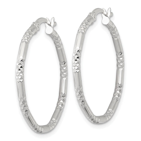 Sterling Silver Hoop Earrings, Medium Size with Diamond Cut Grooved Texture, Polished Finish