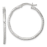 Sterling Silver Hoop Earrings, Medium Size with Diamond Cut Grooved Texture, Polished Finish