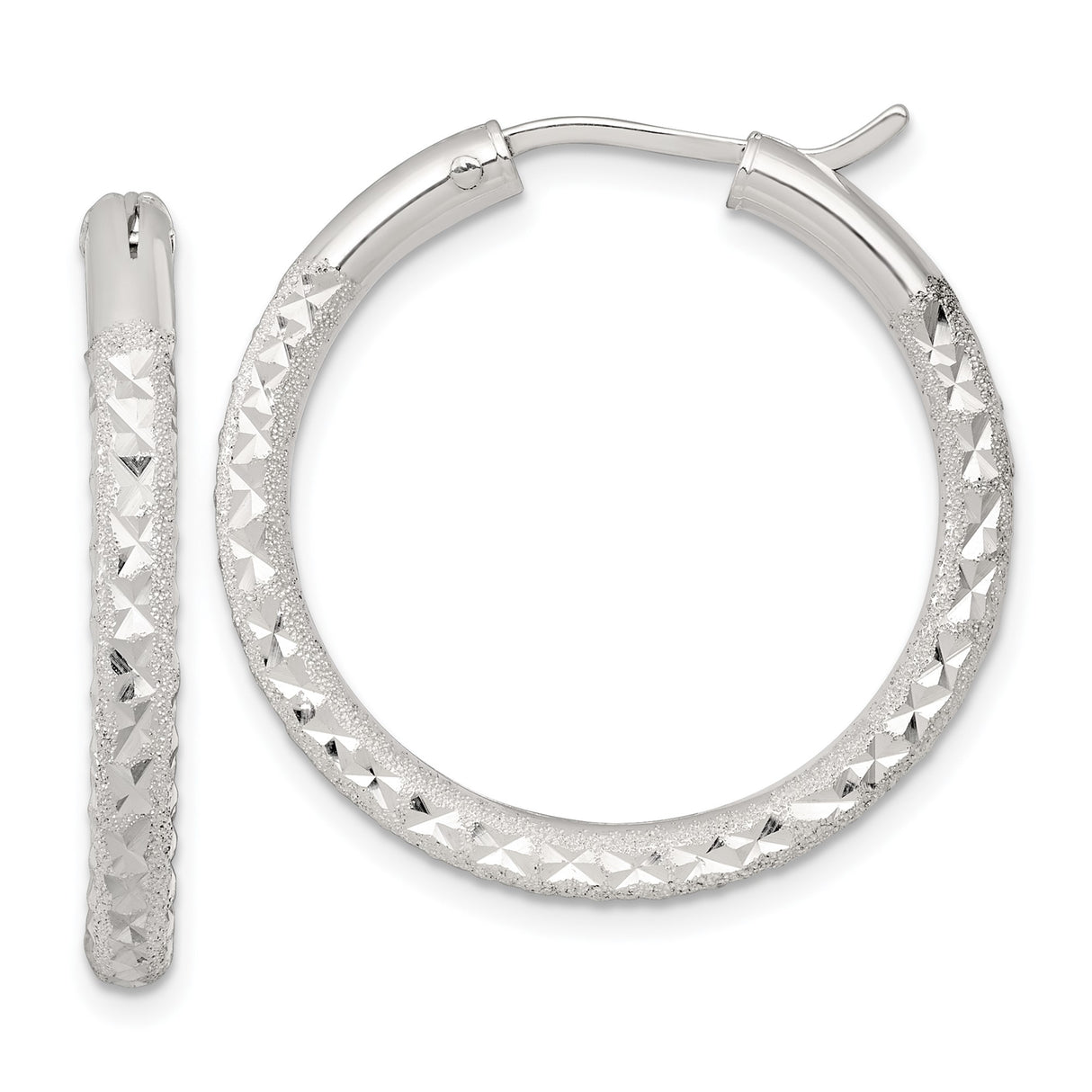 Sterling Silver Hoop Earrings, Diamond Cut Medium Textured Round Hoops for Women