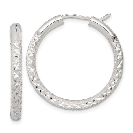 Sterling Silver Hoop Earrings, Diamond Cut Medium Textured Round Hoops for Women