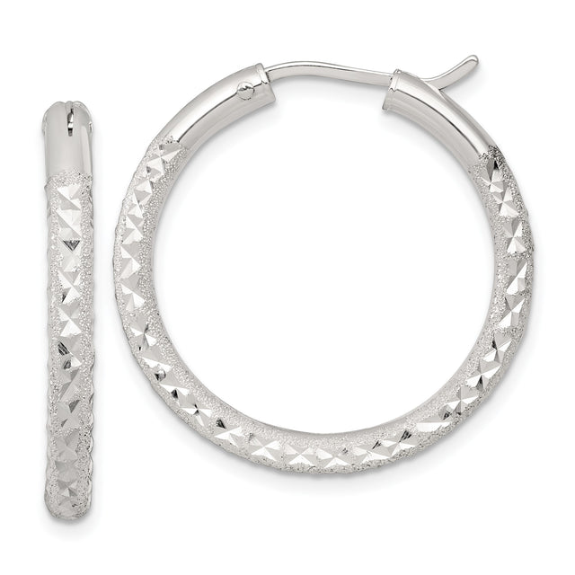 Sterling Silver Hoop Earrings, Diamond Cut Medium Textured Round Hoops for Women