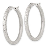 Sterling Silver Hoop Earrings, Textured Diamond Cut Round Design, Lightweight and Polished