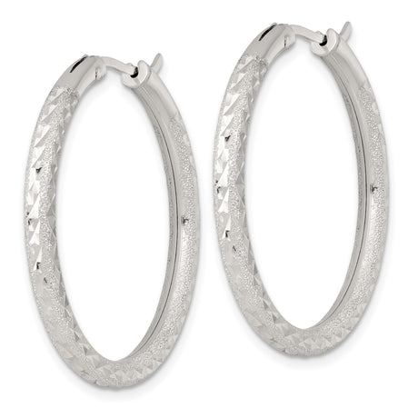 Sterling Silver Hoop Earrings, Textured Diamond Cut Round Design, Lightweight and Polished
