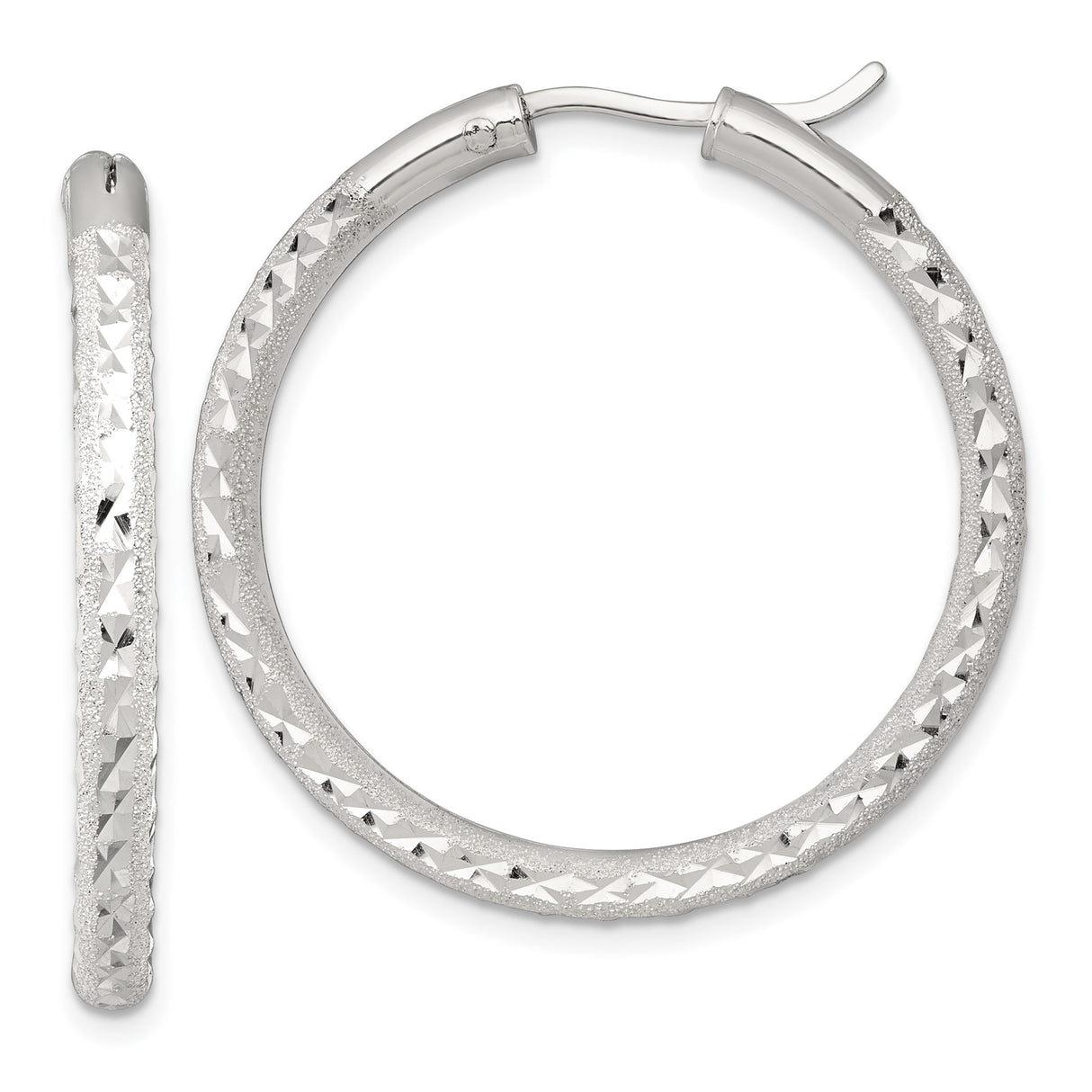 Sterling Silver Hoop Earrings, Textured Diamond Cut Round Design, Lightweight and Polished