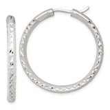 Sterling Silver Hoop Earrings, Textured Diamond Cut Round Design, Lightweight and Polished