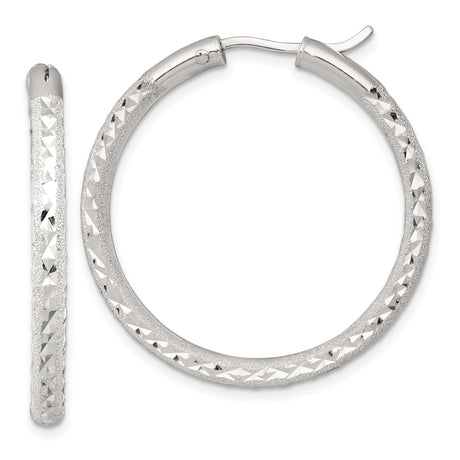 Sterling Silver Hoop Earrings, Textured Diamond Cut Round Design, Lightweight and Polished