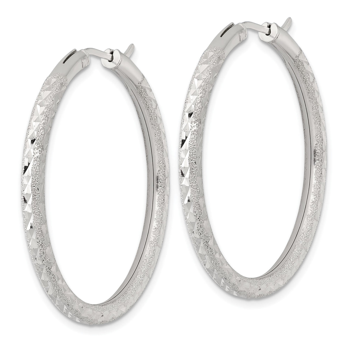 Sterling Silver Hoop Earrings, Textured Diamond Cut Round Lightweight Polished Design for Women