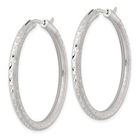 Sterling Silver Hoop Earrings, Textured Diamond Cut Round Lightweight Polished Design for Women