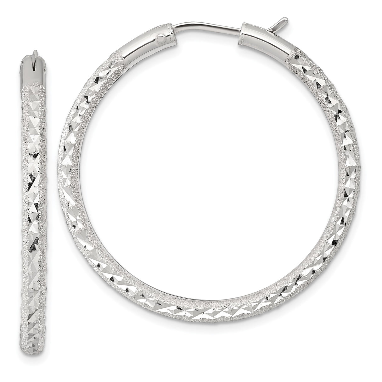 Sterling Silver Hoop Earrings, Textured Diamond Cut Round Lightweight Polished Design for Women
