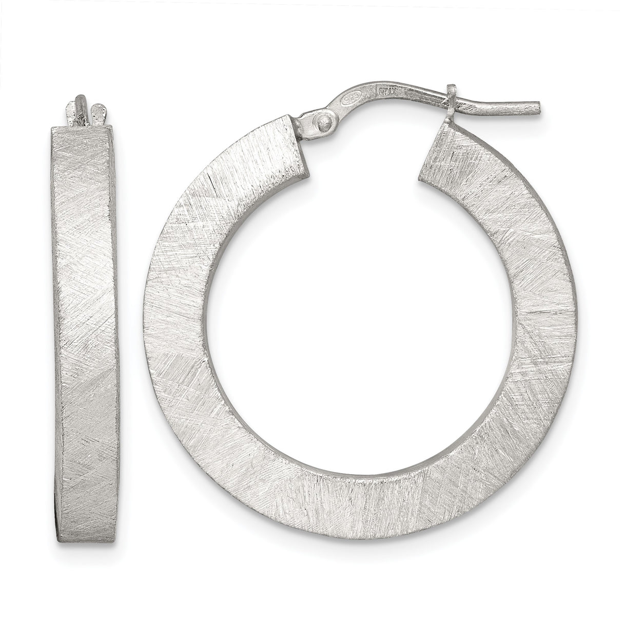 Sterling Silver Hoop Earrings with Brushed Finish, Wide Flat Textured Design for Women
