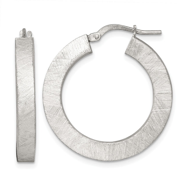 Sterling Silver Hoop Earrings with Brushed Finish, Wide Flat Textured Design for Women
