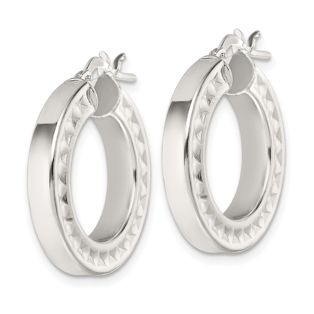 Sterling Silver Hoop Earrings, Faceted Diamond Cut with Polished Mirror Finish, Lightweight Medium Size