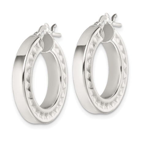 Sterling Silver Hoop Earrings, Faceted Diamond Cut with Polished Mirror Finish, Lightweight Medium Size