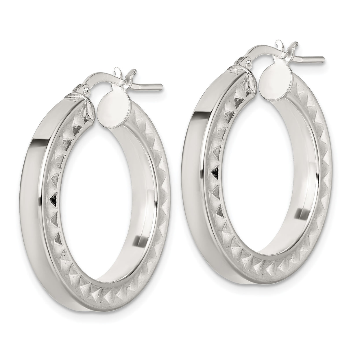 Sterling Silver Hoop Earrings with Diamond Cut Pyramid Texture and Polished Finish