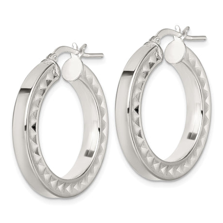 Sterling Silver Hoop Earrings with Diamond Cut Pyramid Texture and Polished Finish