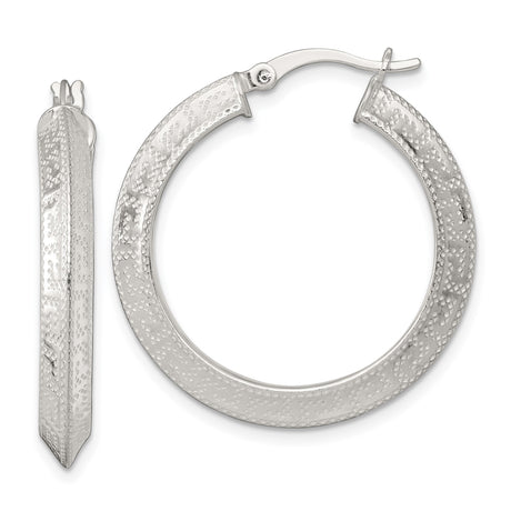Sterling Silver Hoop Earrings, Wide Round Textured Design with Hammered Diamond-Cut Finish